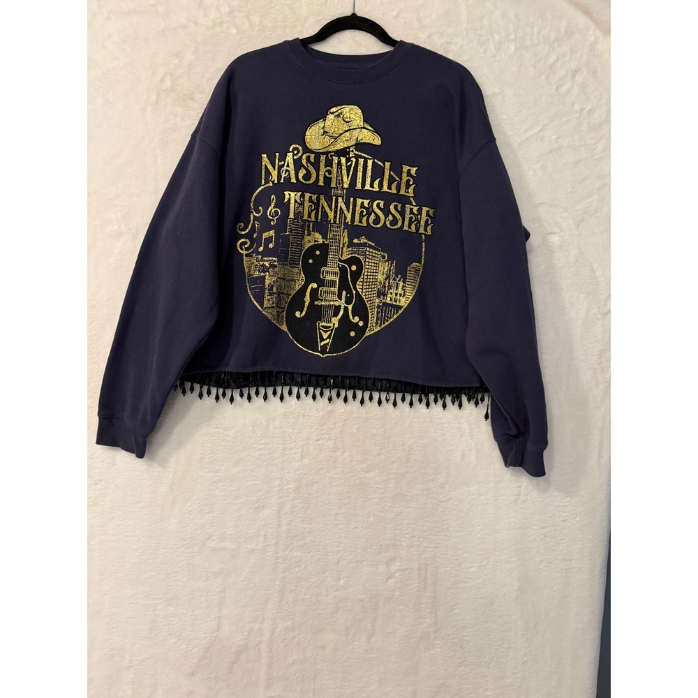 Goodie Two Sleeves Nashville Tennessee Beaded Fringe Cropped Sweatshirt Navy XL